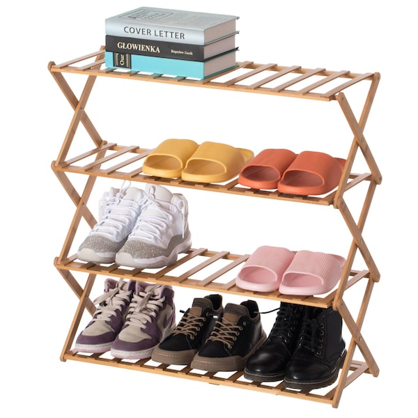 Basicwise Bamboo Foldable Shoe Rack, Free Standing Shoe Organizer Storage Rack, 4 Tier QI004329.4 - main